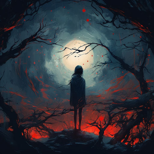 another moon, in the style of captivating and emotional imagery, silhouette figures, twisted branches, deep night