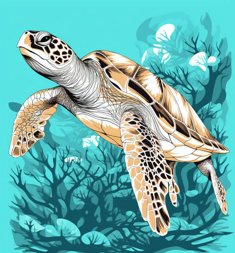 Coralline sea turtle on bright blue background, minimalist drawing