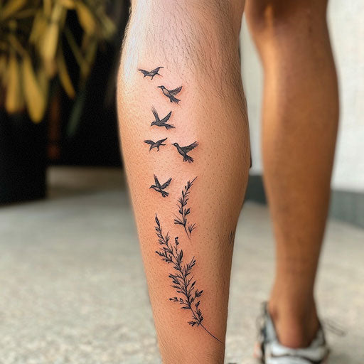 Tiny tattoos with a dainty feather and flying birds