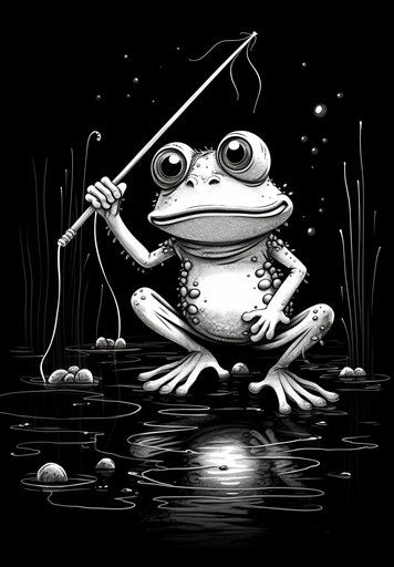 Cartoon frog with fishing rod, black and white style