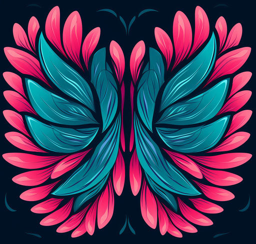 Stylized bird wings for designs, symmetrical patterns in teal and pink