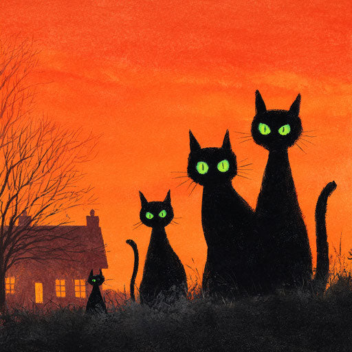 Four Black Cats Against an Orange Sky