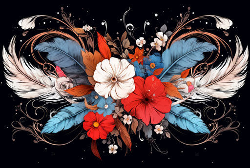 Tattoo art and floral style, hand drawn feathers and flowers