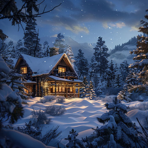 Cozy cabin in snowy nighttime landscape