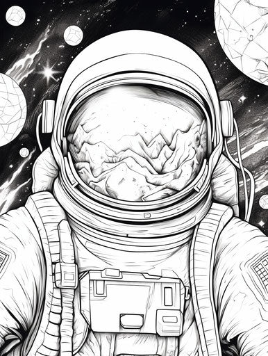 Astronaut coloring page, comic art, pointillist precision