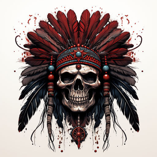 Skull in feathered headdress, naïve style, Indian motifs