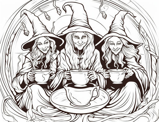 Three witches in a mug coloring page