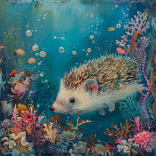 Underwater hedgehog imagining life in coral reef