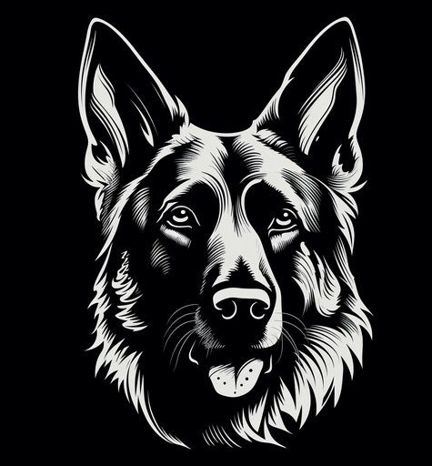 German shepherd dog head, graphic black and white style