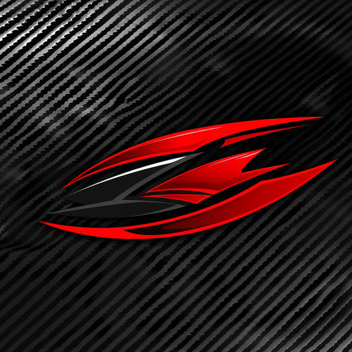 Sporty car logo with dynamic lines and vibrant red and black colors, on a carbon fiber background