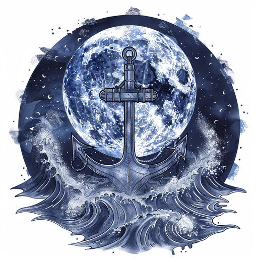 Nautical flat tattoo sketch of a full moon with an anchor and waves