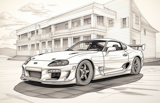 Toyota Supra parked outside a building, simple line drawing