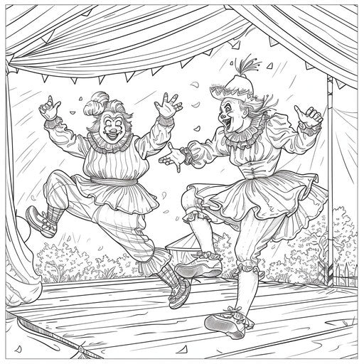 Circus clown comedy routine on coloring page