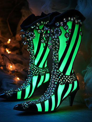 Glowing green and black witch boots with rhinestones