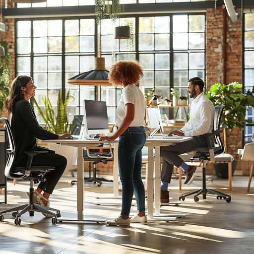 Productive office environment with employees collaborating at standing desks, bright and airy space