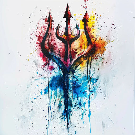 Graffiti-style trident tattoo with vibrant spray paint colors