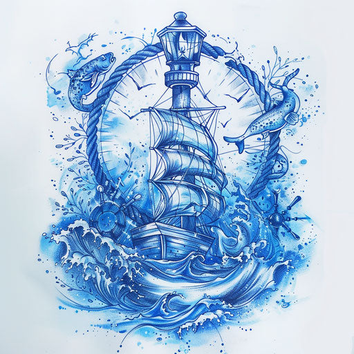 Blue oceanic cross stitch tattoo sketch