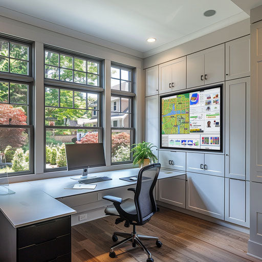 Home office with interactive touchscreen wall for project planning and virtual collaboration