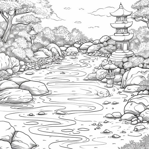 Tranquil zen garden with raked sand and stone lanterns. Coloring book page