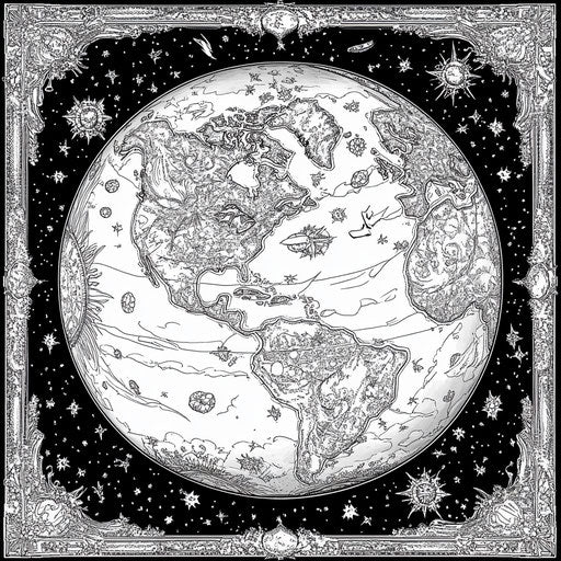 Luxurious planet Earth with jewel details in the style of Raqib Shaw, Coloring book page