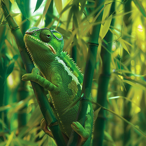 Chameleon in a bamboo grove, its green hues matching the swaying stalks