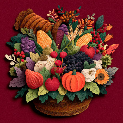 A vibrant cornucopia overflowing with autumn produce