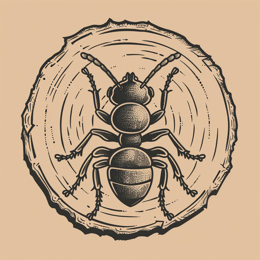 Rustic flat tattoo sketch of an ant with woodcut texturing