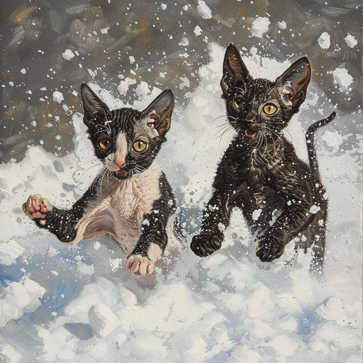 Cornish Rex kittens playing in the snow