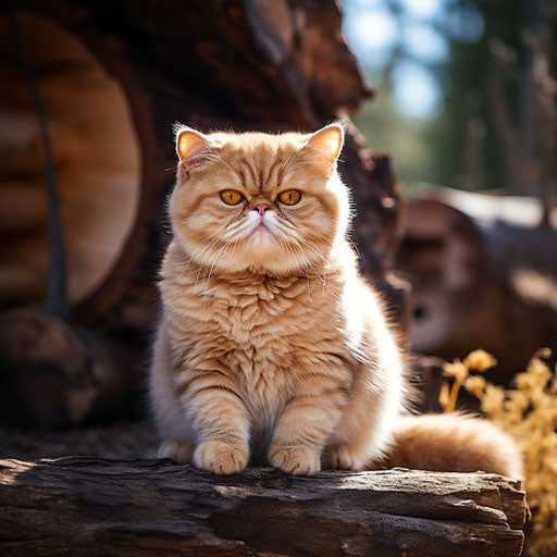 Exotic shorthair cat sitting in front of a log cabin