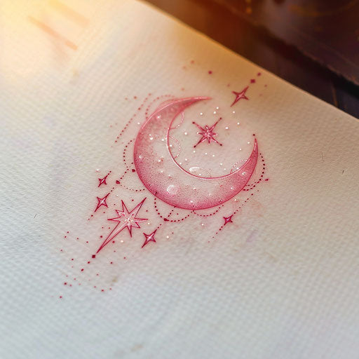 Mystical flat tattoo sketch of a pink crescent moon with twinkling stars