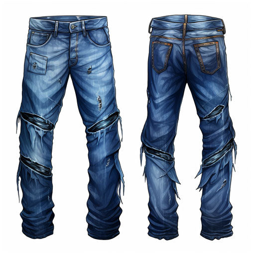Illustration of jeans in the style of Chiaroscuro Art, on white background