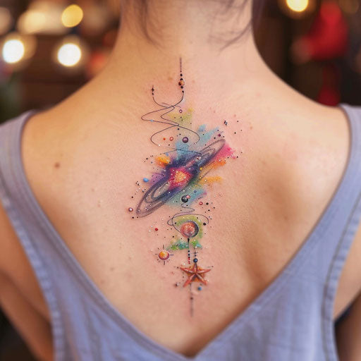 Surreal cosmic spine tattoo design