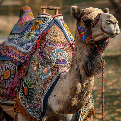 Elegant camel with painted designs, celebration of culture and art