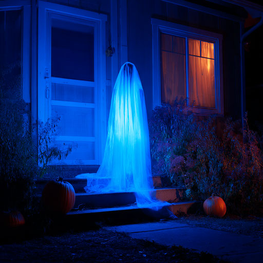 Ghostly Halloween Decoration Beside a House at Night