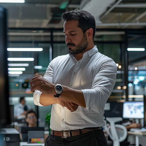 Businessman checking smartwatch in contemporary office