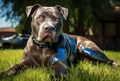 Blue pit terrier / bulldog mix laying on the lawn