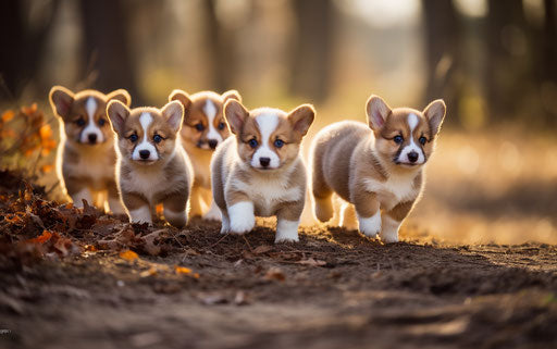 Corgi puppies by gravel path, light orange and light maroon