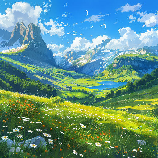 Bright field at mountain's foot, Ghibli style