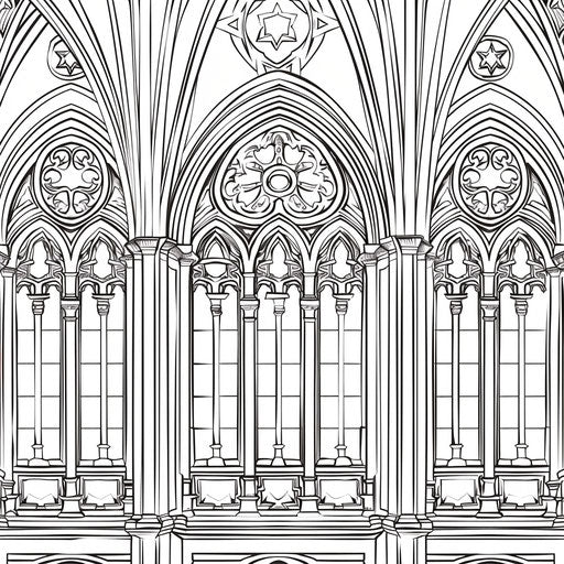 Detailed illustration of a grand cathedral with stained glass windows. Coloring book page