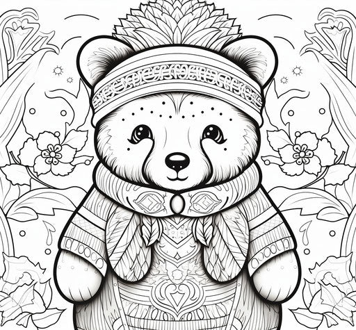 Kawaii 29:27 little bear coloring page in mixed patterns