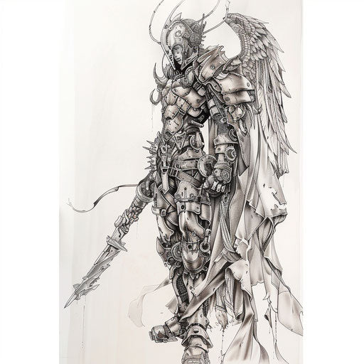 Biomechanical tattoo of Saint Michael on white background