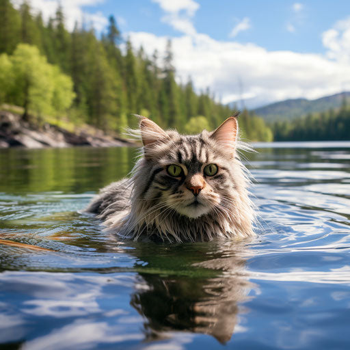 Norwegian forest cat swimming in a lake by the shore