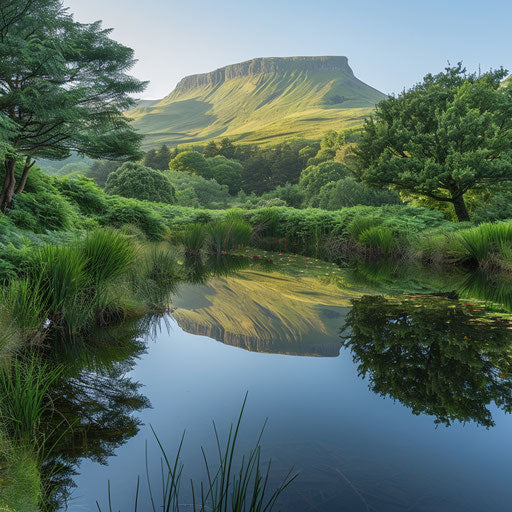 Majestic lake reflection surrounded by greenery at dawn
