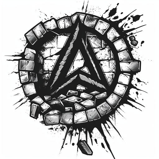 Dynamic flat tattoo sketch of an anarchy symbol breaking through a brick wall