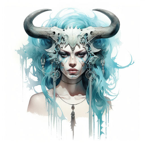 Tattooed skull, teal and white, animals and people