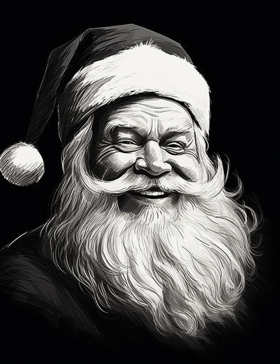 Black and white image of Santa Claus in a hat, elegant inking style