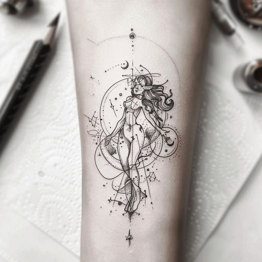Whimsical flat tattoo sketch of the Aquarius constellation with playful zodiac symbols