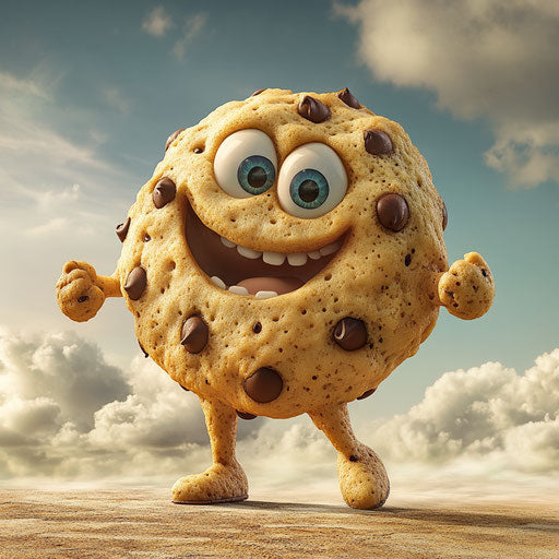 Humorous cartoon of a chocolate chip cookie character