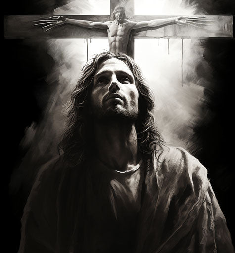 White cross and black person in the style of decorative paintings