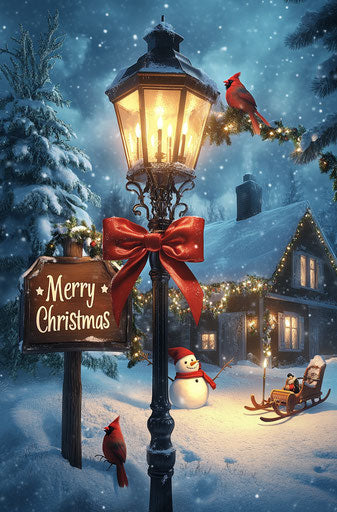 Winter scene with street lamp, candles, cardinals and snowman